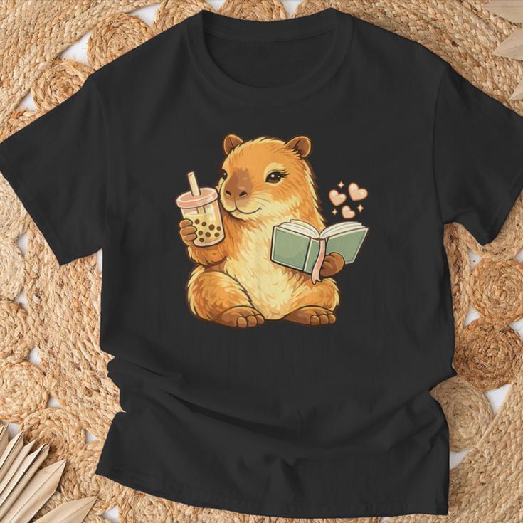 Capybara Reading a Book With Bubble Tea T-Shirt Gifts for Old Men