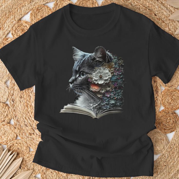 Cat Art Book Cat Motif Flowers Cat T-Shirt Gifts for Old Men