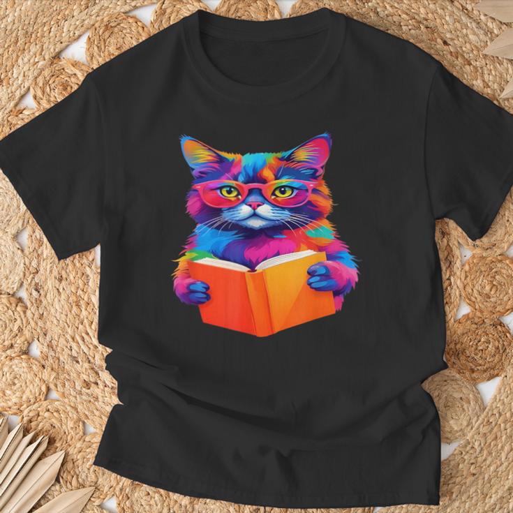 Cat Book Shirt Colorful Cat Reading Book T-Shirt Gifts for Old Men