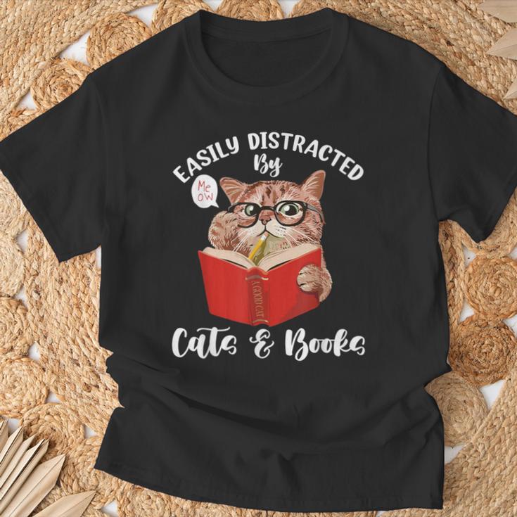 Cat Tshirt Easily Distracted By Cats And Books Cat For Men Women T-Shirt Gifts for Old Men