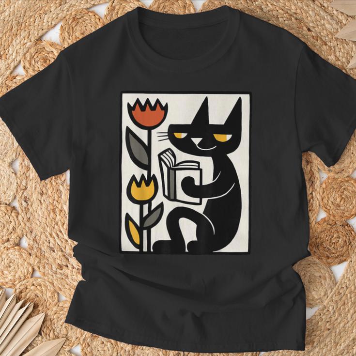 Cat Reading Book Folk Art Cozy Illustration T-Shirt Gifts for Old Men Cat Reading Book Folk Art Cozy Illustration T-Shirt Gifts for Old Men