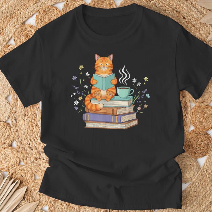 Cat Reading Book Lover Coffee Books Teacher Librarian Cat T-Shirt Gifts for Old Men