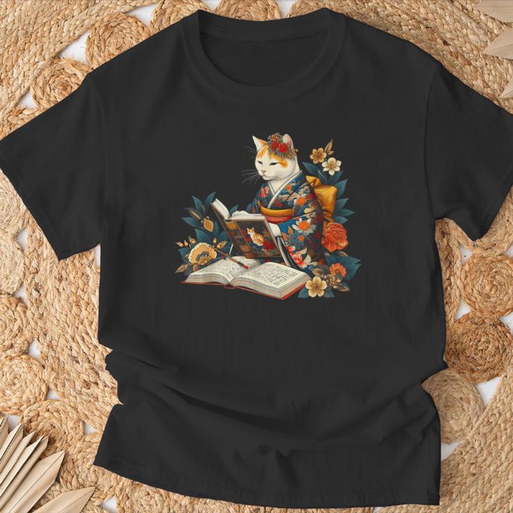 Cat Reading A Book In Traditional Japanese Clothing Kimono T-Shirt Gifts for Old Men