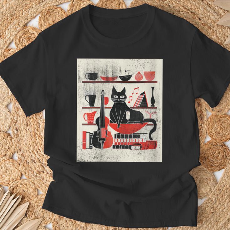 Cats Music Books Lover Essentials Red Retro Silkscreen T-Shirt Gifts for Old Men