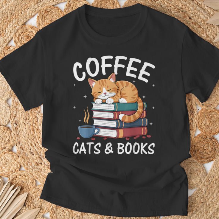 Coffee Cats And Books Cute Kitten Reading T-Shirt Gifts for Old Men