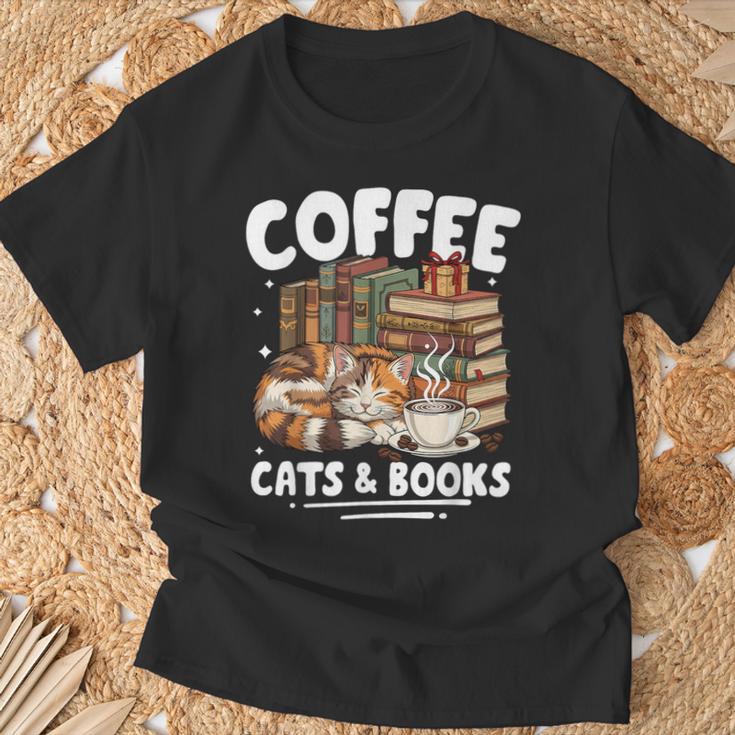 Coffee Cats And Books Cats And Reading Lovers T-Shirt Gifts for Old Men