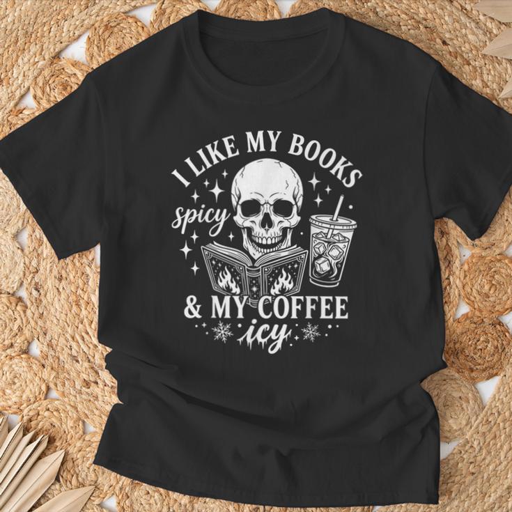 Coffee Skeleton I Like My Books Spicy And My Coffee ICY T-Shirt Gifts for Old Men