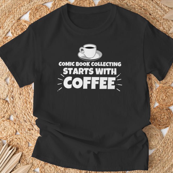 Comic Book Collecting Starts With Coffee Funny T-Shirt Gifts for Old Men
