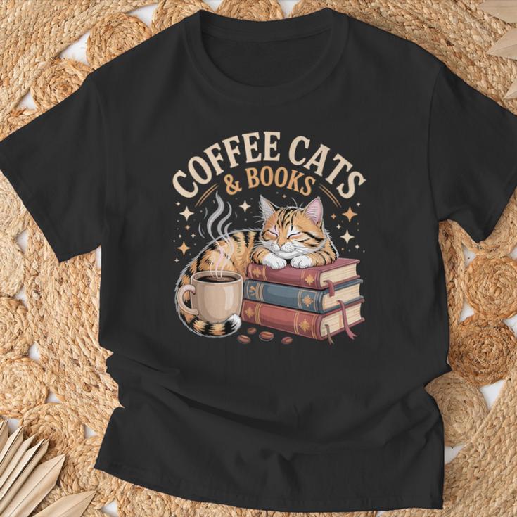 Cozy Reading Cat Coffee And Books Lover Artwork T-Shirt Gifts for Old Men