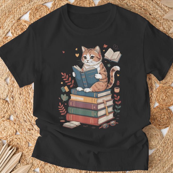 Cute Cat Reading Books With Tea T-Shirt Gifts for Old Men