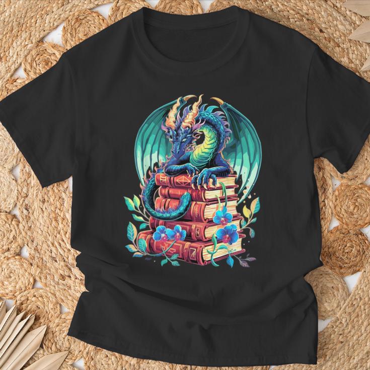 Cute Dragon Books Flower Bookworm Book Lover T-Shirt Gifts for Old Men