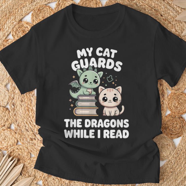 Cute Fantasy Book Reader Apparel Cat Dragon Bookish Magic T-Shirt Gifts for Old Men