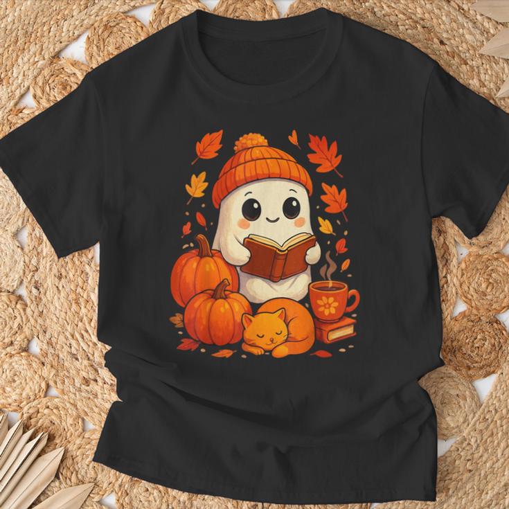 Cute Ghost Reading Book Autumn Pumpkins Cat Coffee Halloween T-Shirt Gifts for Old Men