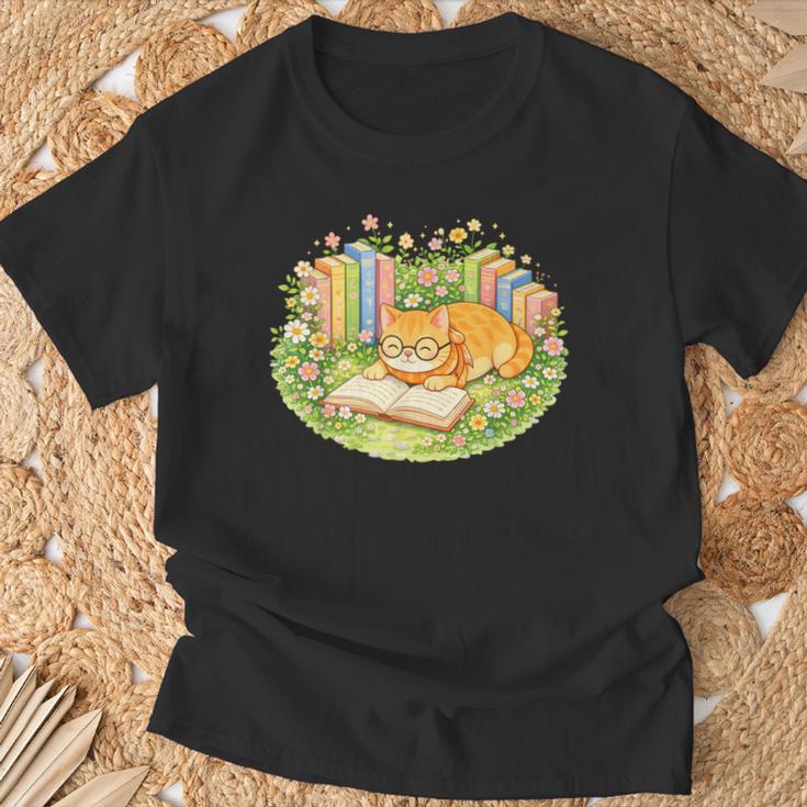 Cute Kawaii Cat Books Flowers T-Shirt Gifts for Old Men