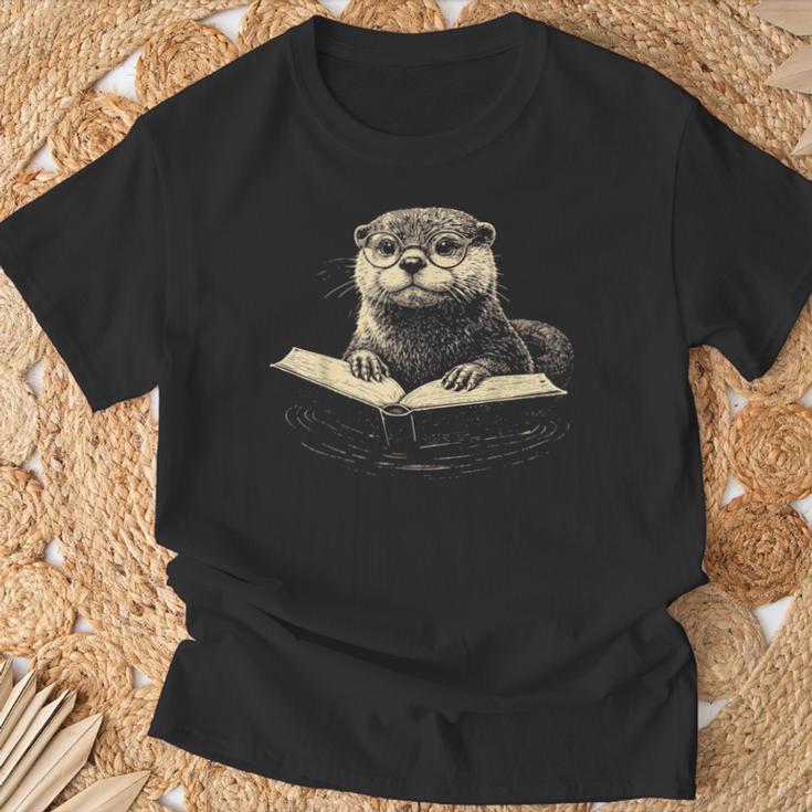 Cute Otter Wearing Glasses Reading Book Librarian Teacher T-Shirt Gifts for Old Men Cute Otter Wearing Glasses Reading Book Librarian Teacher T-Shirt Gifts for Old Men
