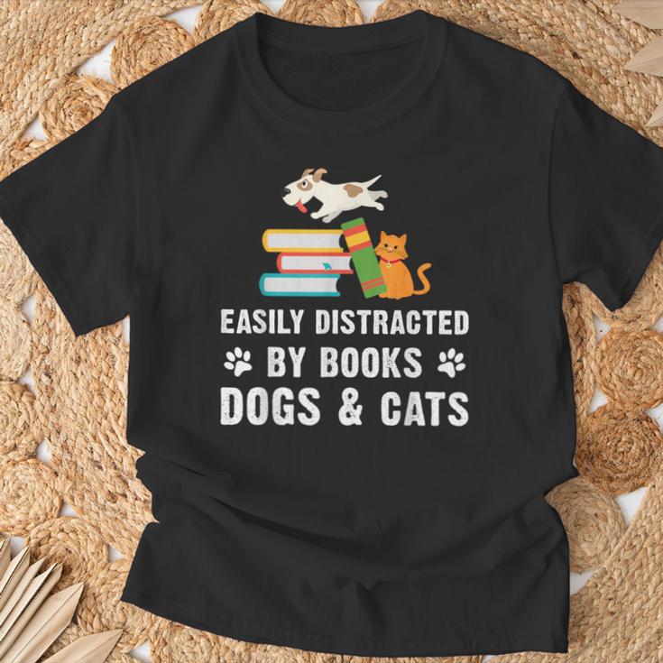 Cute Pet Animals Book Easily Distracted By Dogs Cats & Books T-Shirt Gifts for Old Men