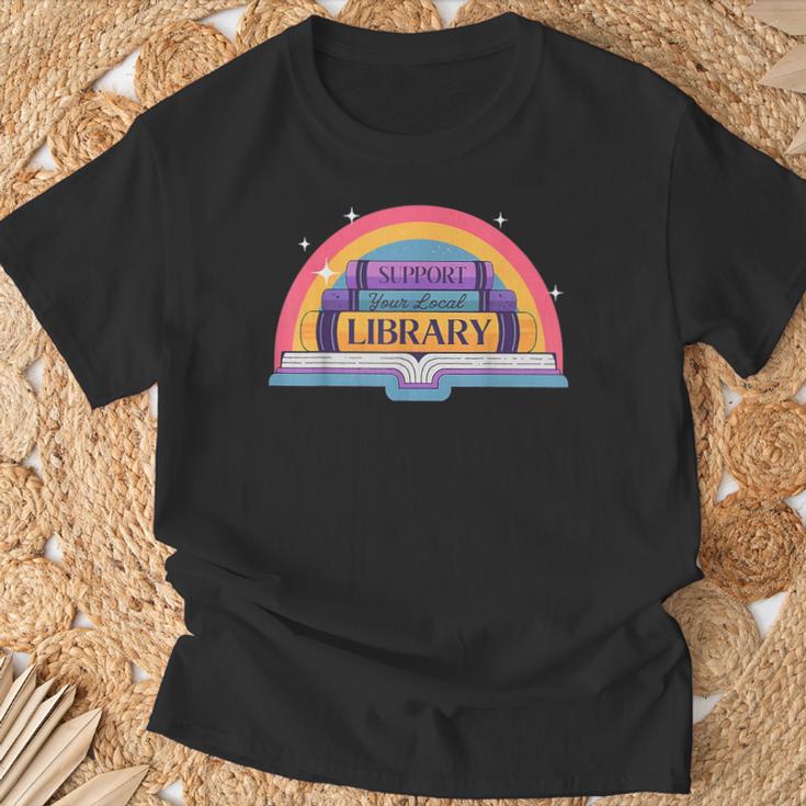 Cute Reading Book Lover Support Your Local Library Rainbow T-Shirt Gifts for Old Men