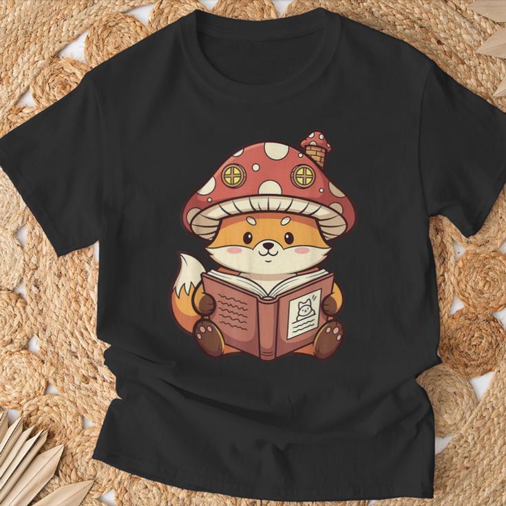 Cute Shiba Inu Mushroom Hat Reading Book Art T-Shirt Gifts for Old Men