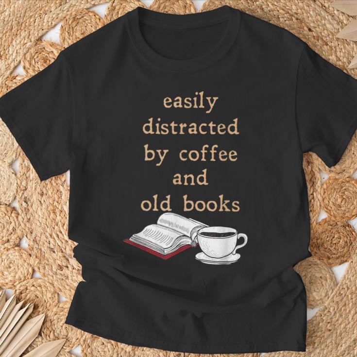 Dark Academia Aesthetic Easily Distracted By Coffee And Book T-Shirt Gifts for Old Men