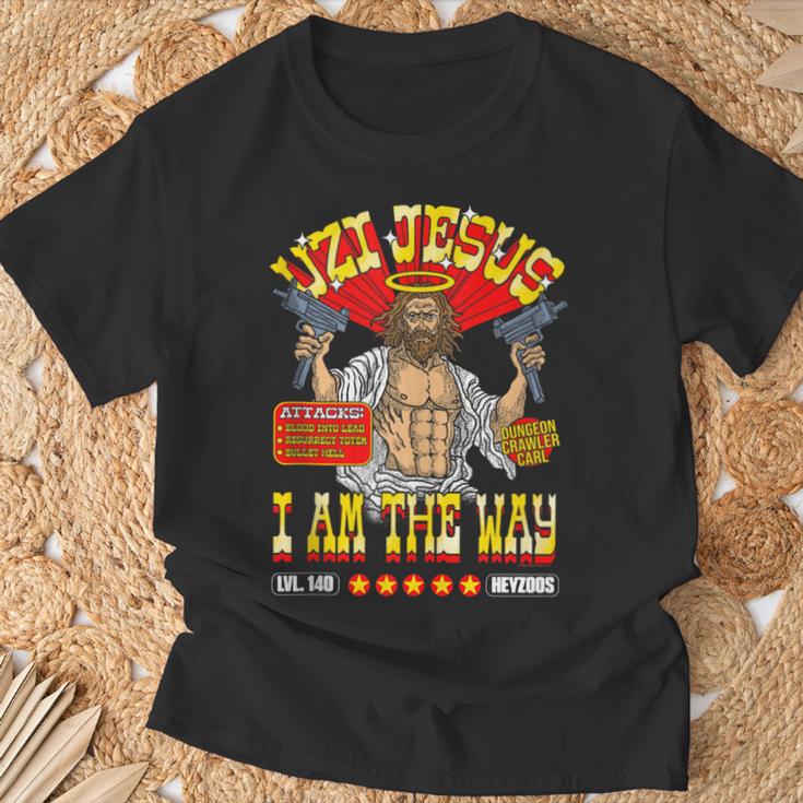 DCC Uzi Jesus I Am The Way Character Stats RPG Books T-Shirt Gifts for Old Men