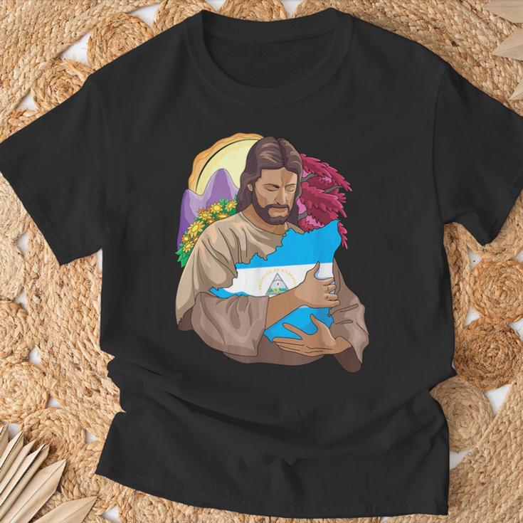 De Jesus Abrazando La Bandera De Nicaragua Bandera Bandera Camiseta unisex Regalos para ancianos