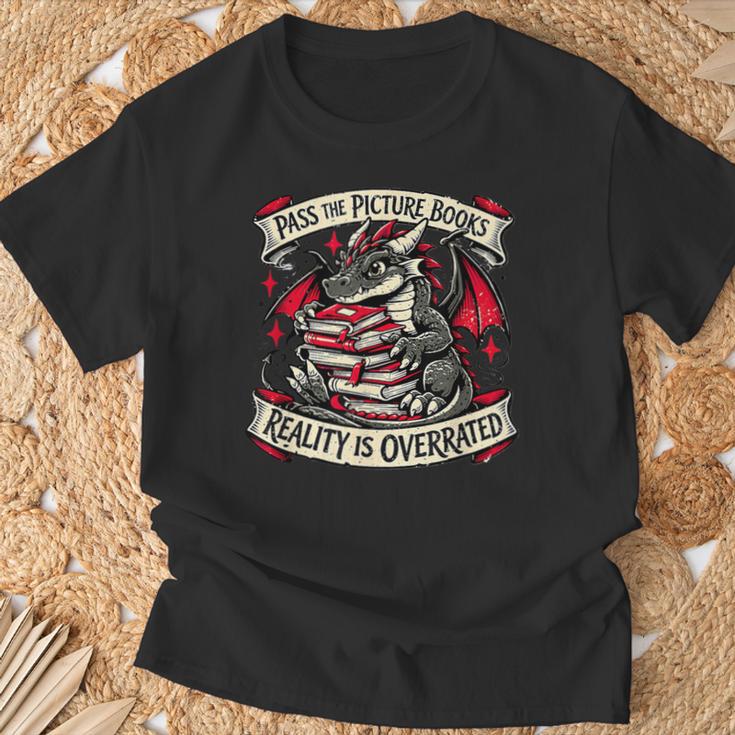 Dragon Reading Books Reality Overrated Reader Book T-Shirt Gifts for Old Men