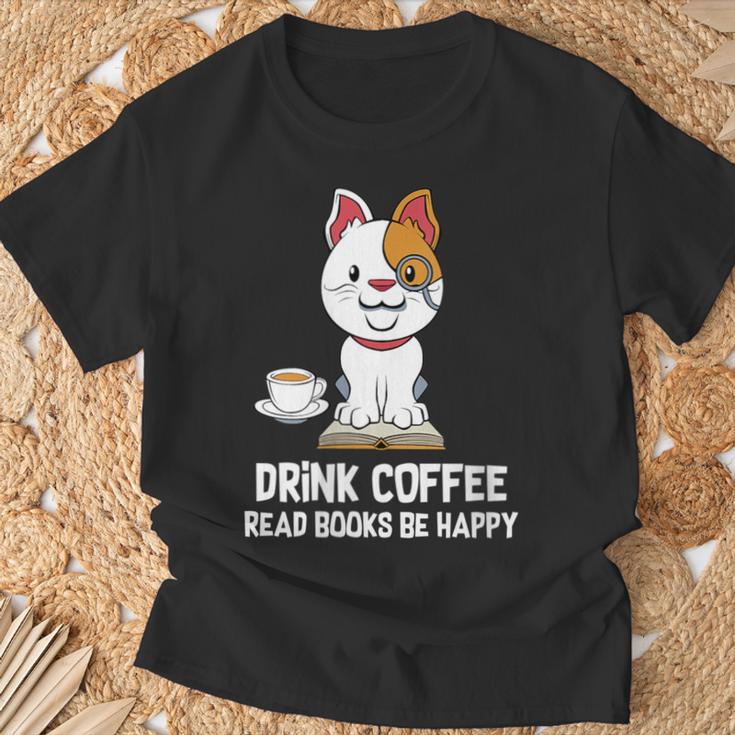 Drink Coffee Read Books Be Happy Nerdy Pet Puppy Owner T-Shirt Gifts for Old Men