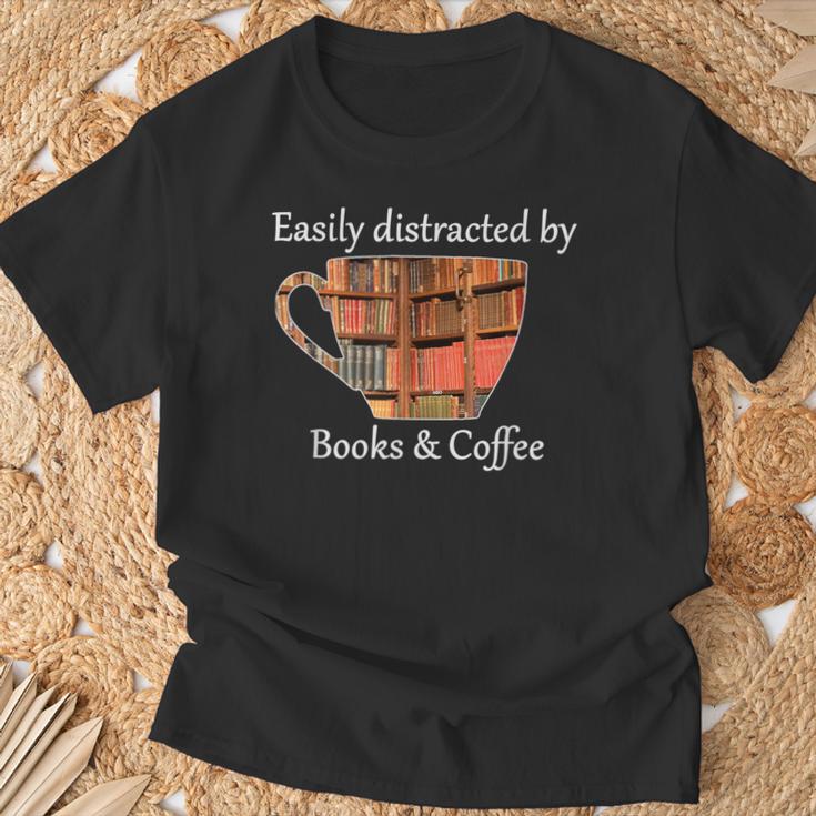 Easily Distracted By Books & Coffee T-Shirt Gifts for Old Men