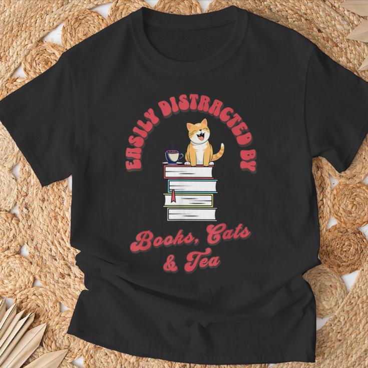 Easily Distracted By Books Cats Tea Book Lovers Librarians T-Shirt Gifts for Old Men