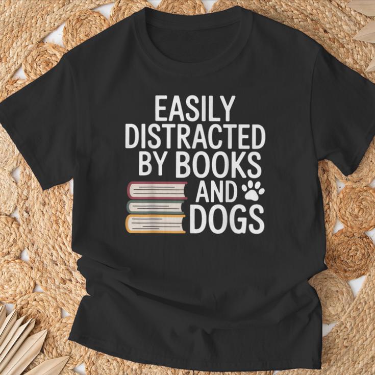 Easily Distracted By Books And Dogs Reading Dog Lovers T-Shirt Gifts for Old Men