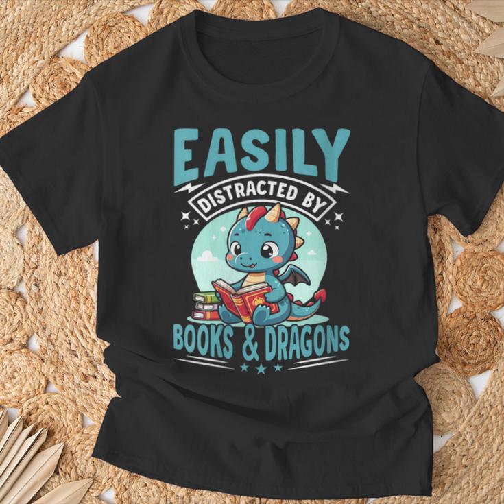 Easily Distracted By Books And Dragons Nerds T-Shirt Gifts for Old Men