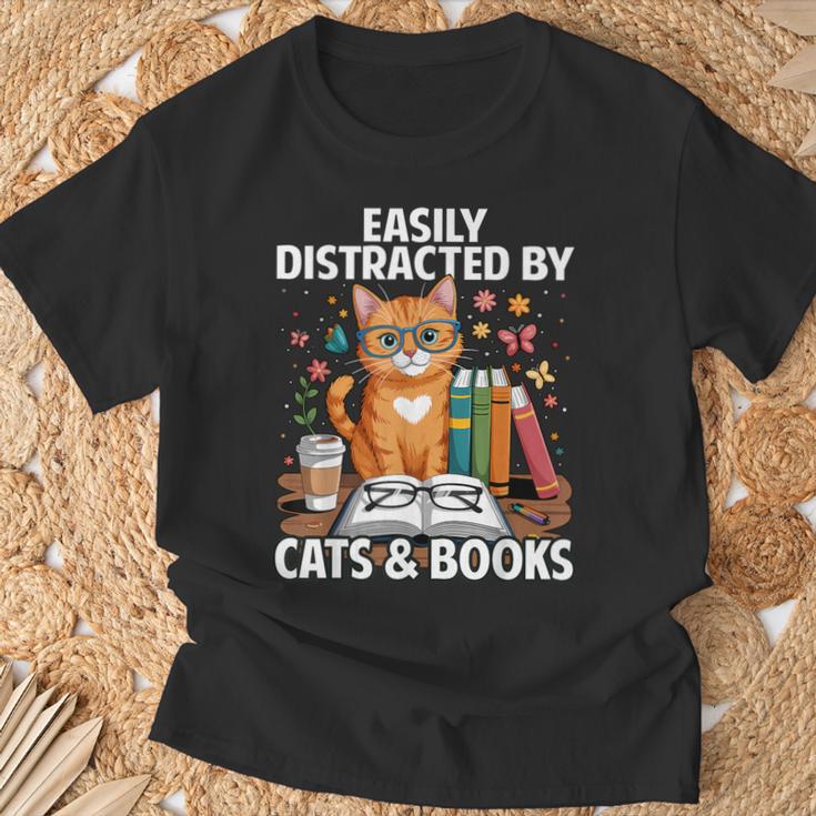 Easily Distracted By Cats And Books Book Lover Cat T-Shirt Gifts for Old Men