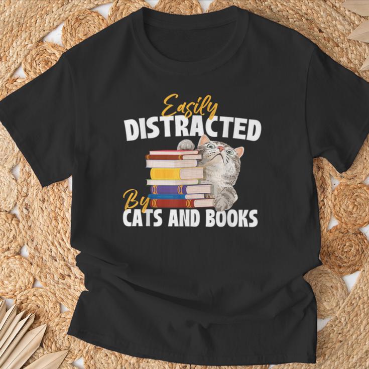 Easily Distracted By Cats And Books Bookworm Pet Lover T-Shirt Gifts for Old Men