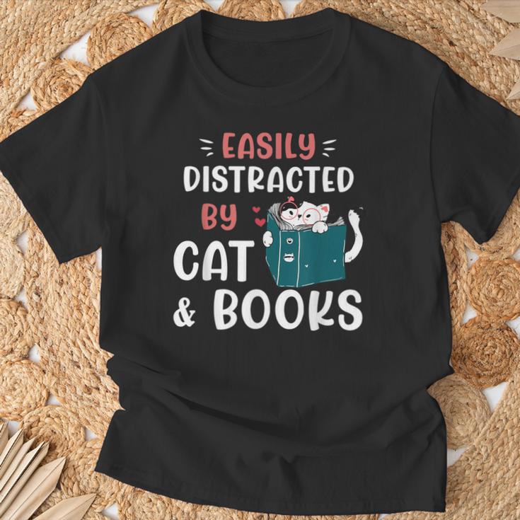 Easily Distracted By Cats And Books Cat & Book Lover For Men Women Kids T-Shirt Gifts for Old Men