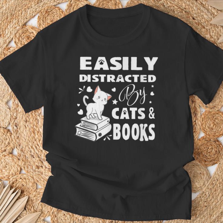 Easily Distracted By Cats And Books Books Cat Book Lover T-Shirt Gifts for Old Men