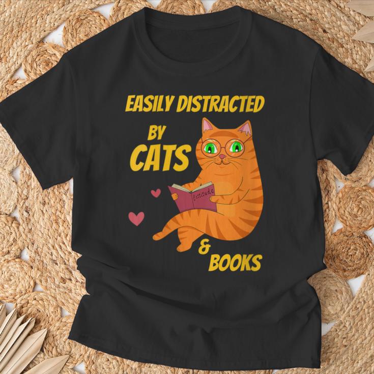 Easily Distracted By Cats And Books For Cat And Book Lover T-Shirt Gifts for Old Men
