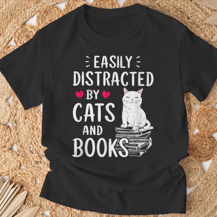 Easily Distracted By Cats And Books Cat Lover T-Shirt Gifts for Old Men