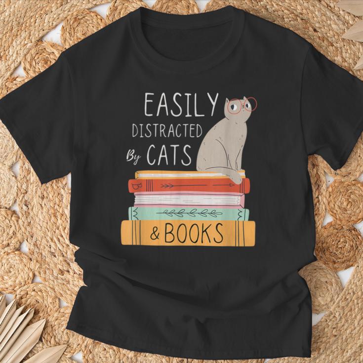 Easily Distracted Cats And Books Cat Lovers For Men Women Kids T-Shirt Gifts for Old Men