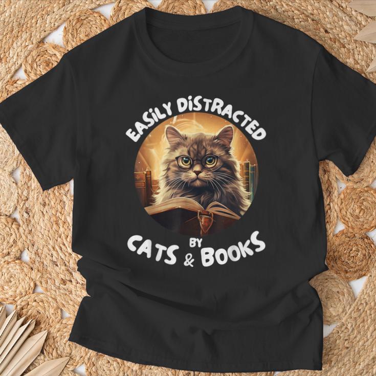 Easily Distracted By Cats And Books Librarians Bibliophiles T-Shirt Gifts for Old Men