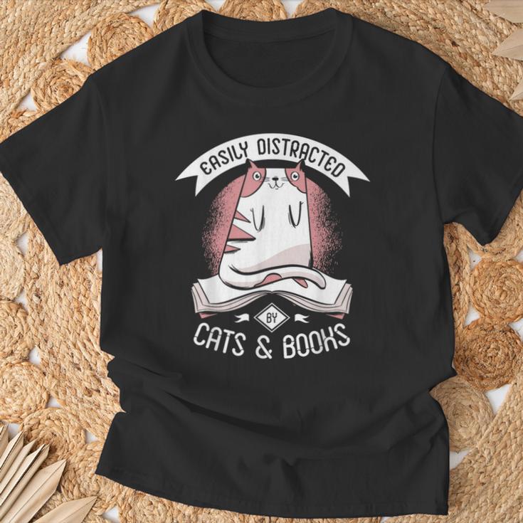 Easily Distracted By Cats And Books Men Cat Book Lover T-Shirt Gifts for Old Men