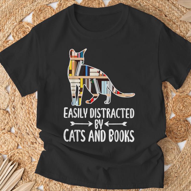 Easily Distracted By Cats And Books Reader Cat Lovers For Men Women Girls Kids T-Shirt Gifts for Old Men