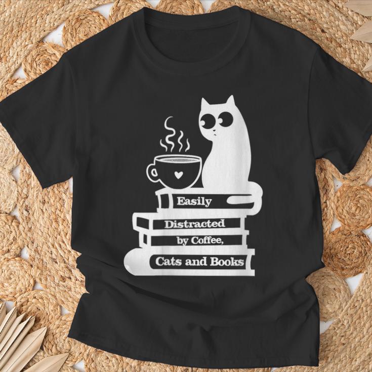 Easily Distracted Cats Coffee And Books T-Shirt Gifts for Old Men