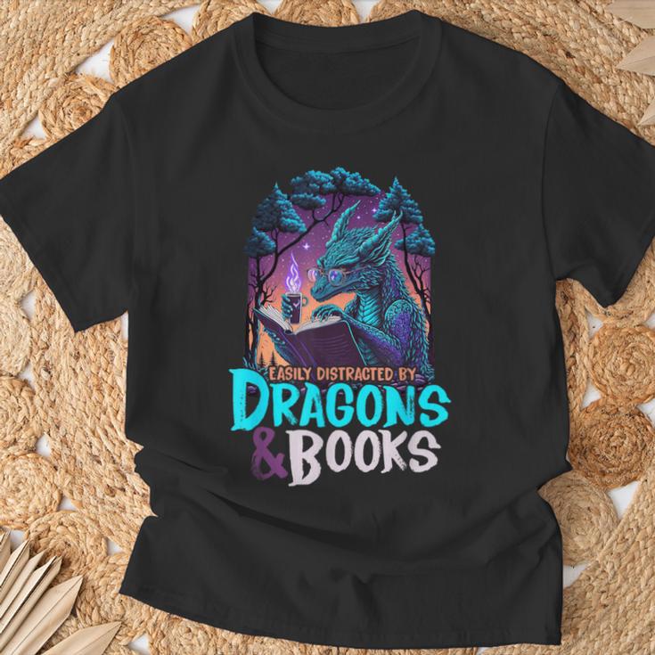 Easily Distracted By Dragon And Books For Book Lover T-Shirt Gifts for Old Men