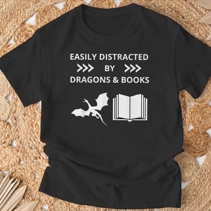 Easily Distracted By Dragon And Books Nerds T-Shirt Gifts for Old Men