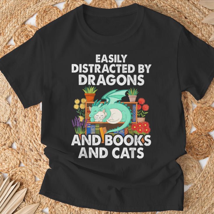 Easily Distracted By Dragons Books Cats Fantasy Book Lover T-Shirt Gifts for Old Men Easily Distracted By Dragons Books Cats Fantasy Book Lover T-Shirt Gifts for Old Men