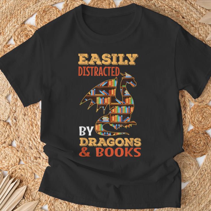 Easily Distracted By Dragons And Books Dragon Lover Mythical T-Shirt Gifts for Old Men