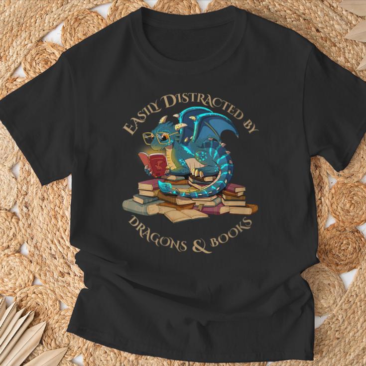Easily Distracted By Dragons And Books Nerd Dragon T-Shirt Gifts for Old Men