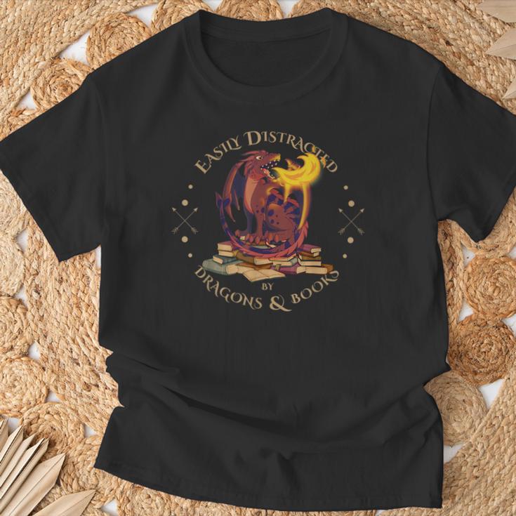 Easily Distracted By Dragons And Books Nerd Red Dragon T-Shirt Gifts for Old Men