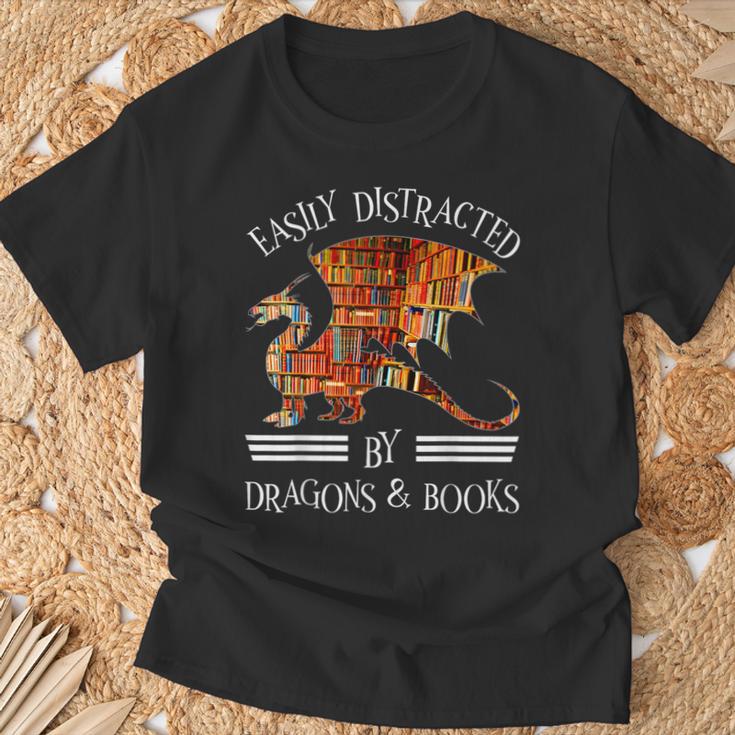 Easily Distracted By Dragons And Books Nerds T-Shirt Gifts for Old Men