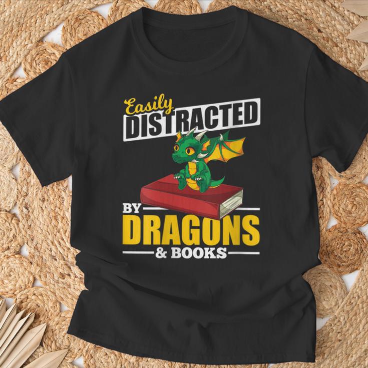 Easily Distracted By Dragons And Books Reading Book Dragon T-Shirt Gifts for Old Men